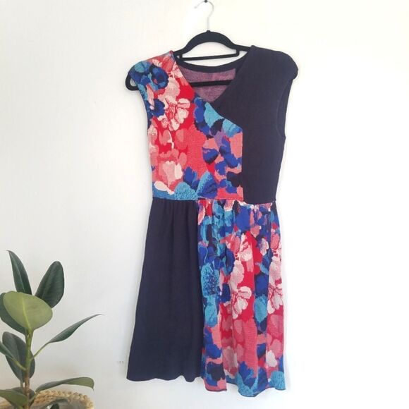 Anthropologie Silk Infused Leifsdottir Faux Wrap Color Block Floral Knit Dress M - Picture 3 of 10
